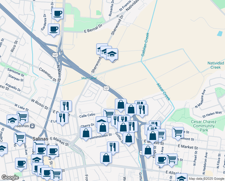 map of restaurants, bars, coffee shops, grocery stores, and more near Veterans Memorial Highway in Salinas