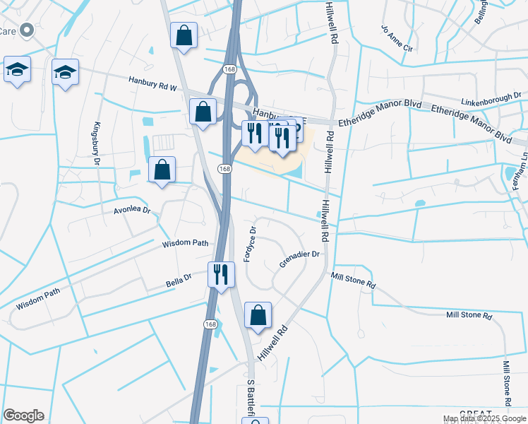 map of restaurants, bars, coffee shops, grocery stores, and more near 233 Kegman Road East in Chesapeake