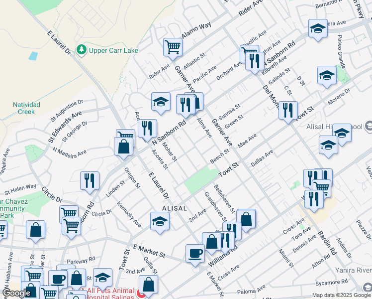 map of restaurants, bars, coffee shops, grocery stores, and more near 1025 Montana Street in Salinas