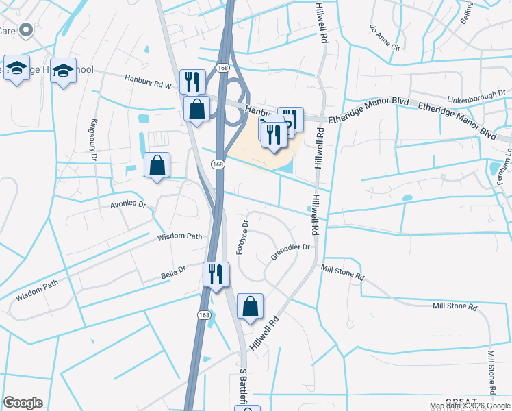 map of restaurants, bars, coffee shops, grocery stores, and more near 233 Kegman Road East in Chesapeake