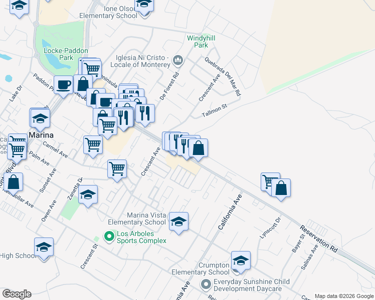 map of restaurants, bars, coffee shops, grocery stores, and more near 327 Reservation Road in Marina