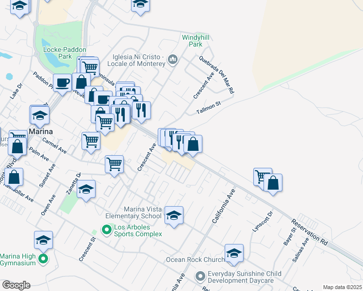 map of restaurants, bars, coffee shops, grocery stores, and more near 327 Reservation Road in Marina