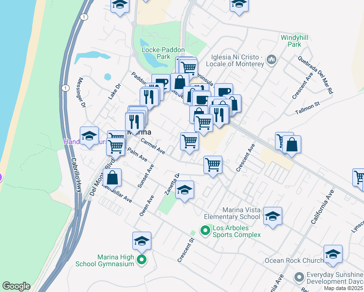 map of restaurants, bars, coffee shops, grocery stores, and more near 3109 Seacrest Avenue in Marina