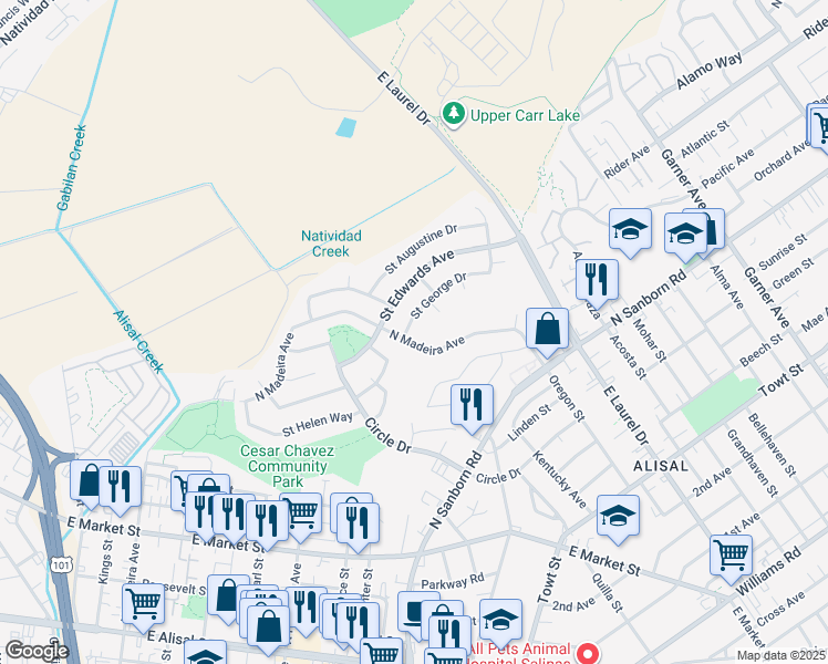 map of restaurants, bars, coffee shops, grocery stores, and more near 544 Saint George Drive in Salinas