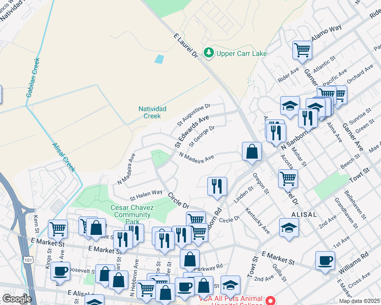 map of restaurants, bars, coffee shops, grocery stores, and more near 544 Saint George Drive in Salinas