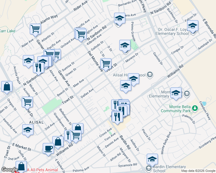 map of restaurants, bars, coffee shops, grocery stores, and more near 1265 Del Monte Avenue in Salinas