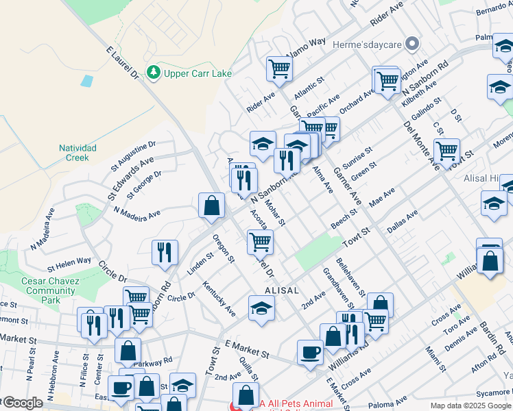 map of restaurants, bars, coffee shops, grocery stores, and more near 989 Acosta Plaza in Salinas