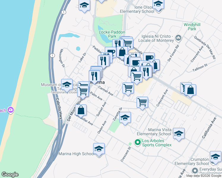 map of restaurants, bars, coffee shops, grocery stores, and more near 233 Carmel Avenue in Marina