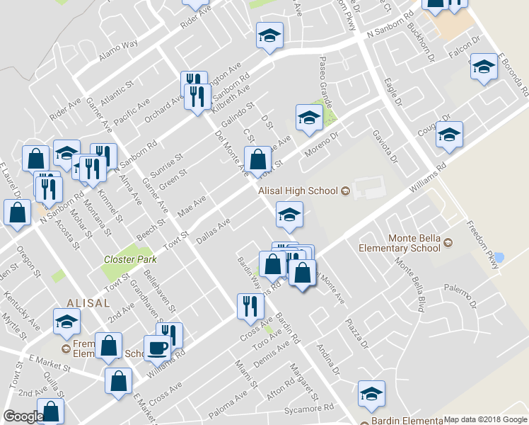 map of restaurants, bars, coffee shops, grocery stores, and more near 644 New Deal Avenue in Salinas