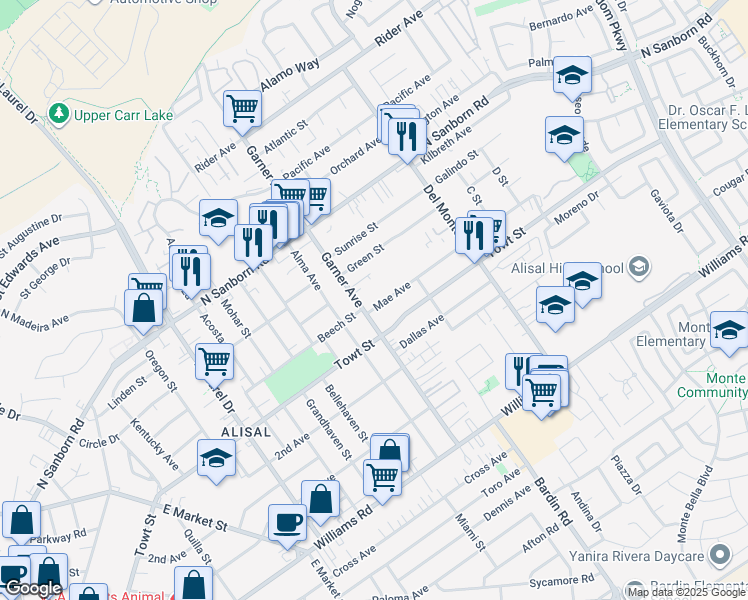 map of restaurants, bars, coffee shops, grocery stores, and more near 1125 Garner Avenue in Salinas