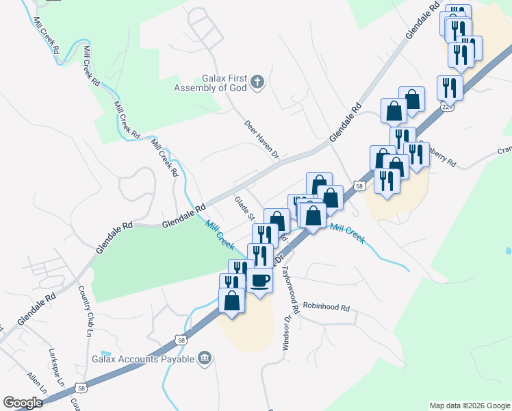 map of restaurants, bars, coffee shops, grocery stores, and more near 104-120 Glade St in Galax