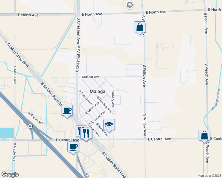 map of restaurants, bars, coffee shops, grocery stores, and more near 3573 South Victoria Avenue in Fresno