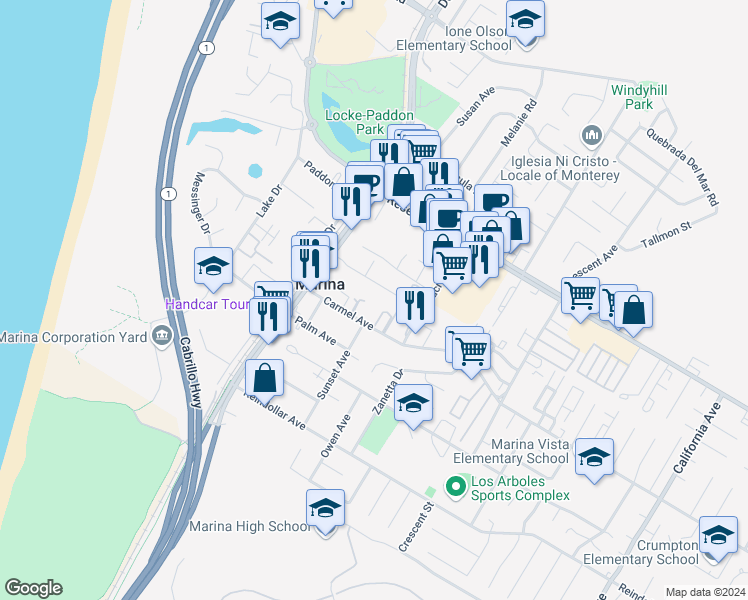 map of restaurants, bars, coffee shops, grocery stores, and more near 230 Mortimer Lane in Marina