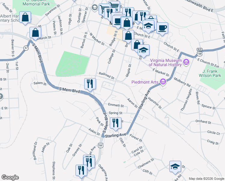 map of restaurants, bars, coffee shops, grocery stores, and more near 100 Aaron Street in Martinsville