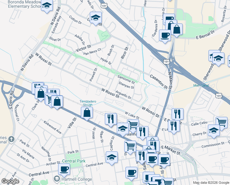 map of restaurants, bars, coffee shops, grocery stores, and more near 251 Arguello Drive in Salinas