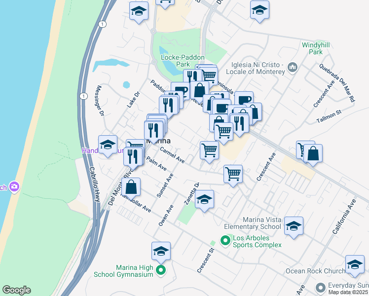 map of restaurants, bars, coffee shops, grocery stores, and more near 230 Mortimer Lane in Marina