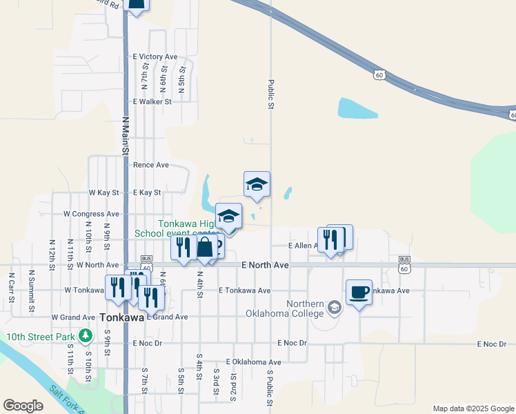 map of restaurants, bars, coffee shops, grocery stores, and more near 501 North Public Street in Tonkawa