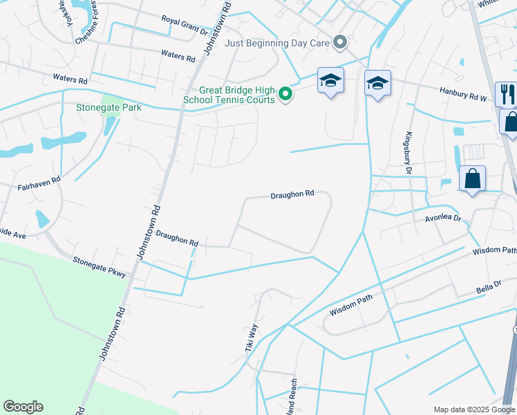 map of restaurants, bars, coffee shops, grocery stores, and more near 624 Draughon Road in Chesapeake