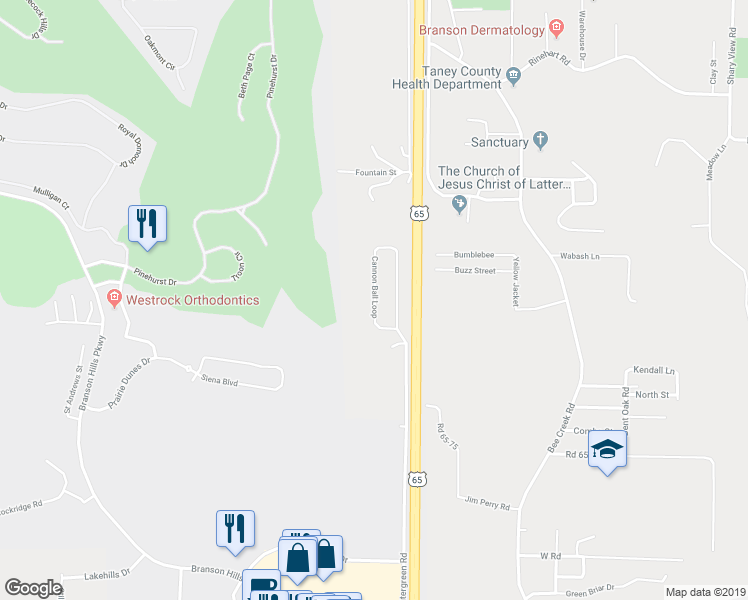 map of restaurants, bars, coffee shops, grocery stores, and more near 441 Cannon Ball Loop in Branson