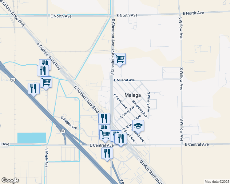 map of restaurants, bars, coffee shops, grocery stores, and more near 3464 South Calvin Avenue in Fresno