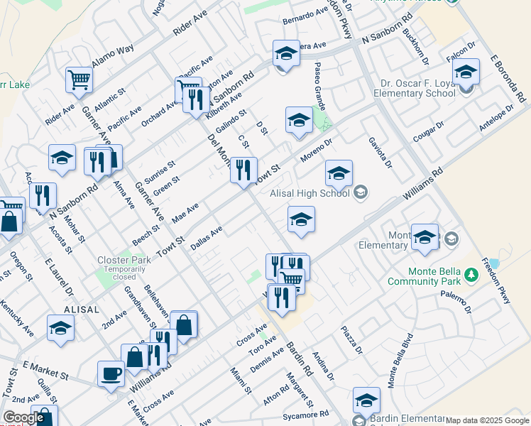 map of restaurants, bars, coffee shops, grocery stores, and more near 1265 Del Monte Avenue in Salinas