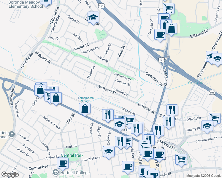 map of restaurants, bars, coffee shops, grocery stores, and more near 251 Arguello Drive in Salinas