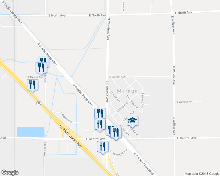 map of restaurants, bars, coffee shops, grocery stores, and more near 3464 South Calvin Avenue in Fresno