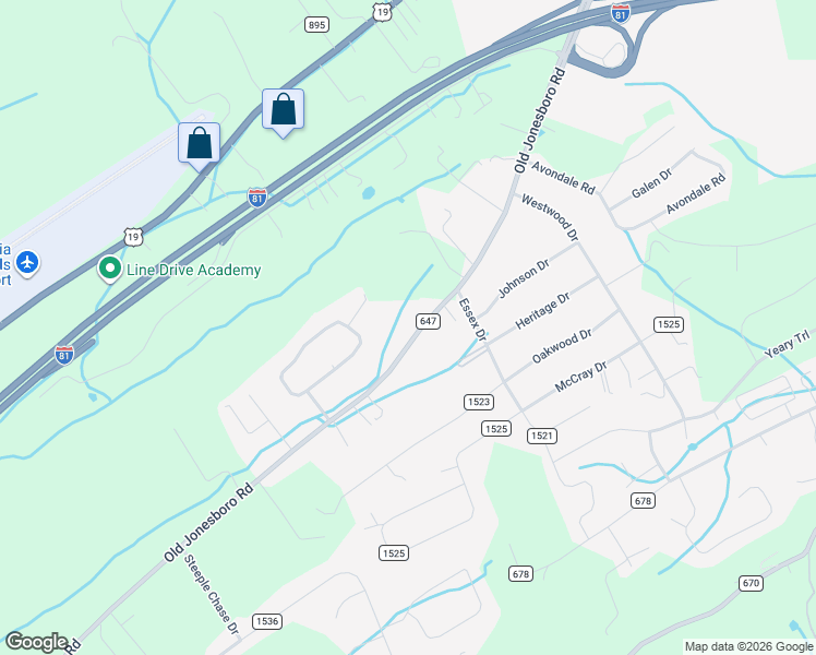 map of restaurants, bars, coffee shops, grocery stores, and more near 19401-19473 Old Jonesboro Road in Abingdon