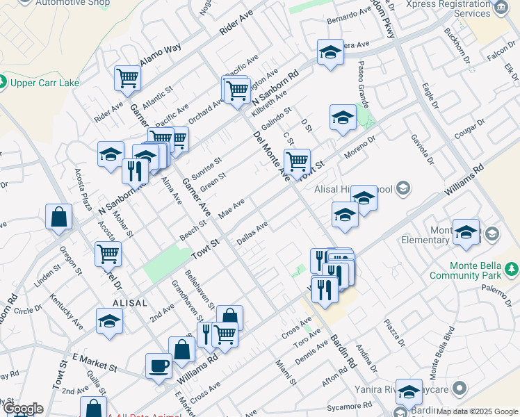 map of restaurants, bars, coffee shops, grocery stores, and more near 600 Towt Street in Salinas