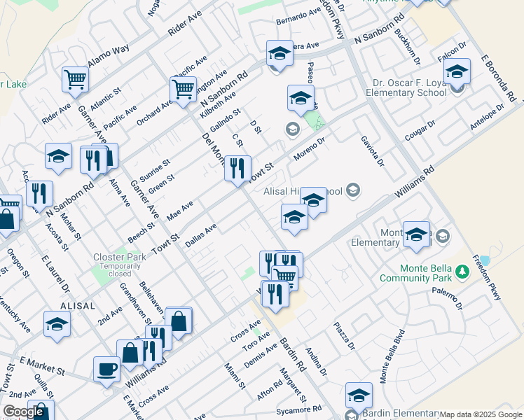 map of restaurants, bars, coffee shops, grocery stores, and more near 1265 Del Monte Ave in Salinas
