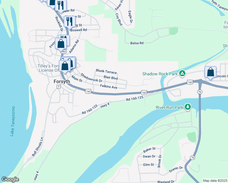 map of restaurants, bars, coffee shops, grocery stores, and more near 103 Kaff Avenue in Forsyth