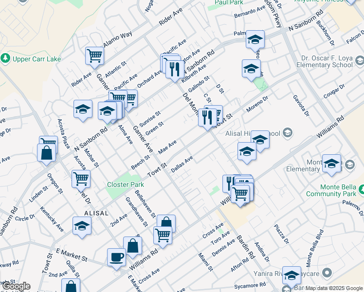 map of restaurants, bars, coffee shops, grocery stores, and more near 545 Towt Street in Salinas