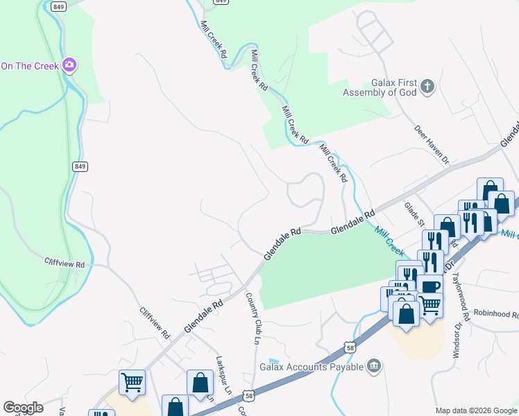 map of restaurants, bars, coffee shops, grocery stores, and more near 105 Fairway Drive in Galax