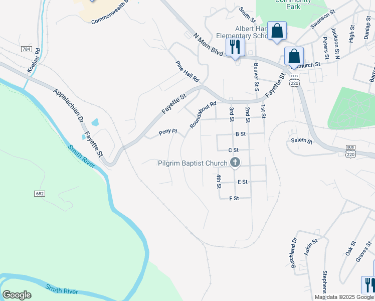 map of restaurants, bars, coffee shops, grocery stores, and more near 1311 Roundabout Road in Martinsville
