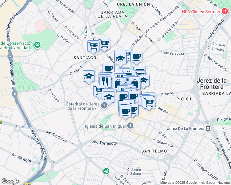 map of restaurants, bars, coffee shops, grocery stores, and more near 1 Plaza del Carmen in Jerez de la Frontera