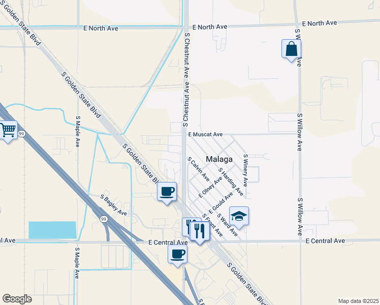 map of restaurants, bars, coffee shops, grocery stores, and more near 3464 South Calvin Avenue in Fresno
