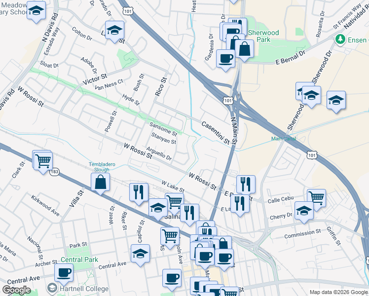 map of restaurants, bars, coffee shops, grocery stores, and more near 240 Sansome Street in Salinas