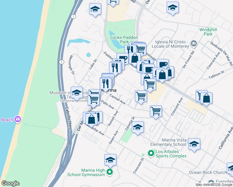 map of restaurants, bars, coffee shops, grocery stores, and more near in Marina
