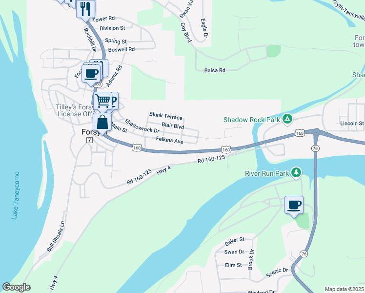 map of restaurants, bars, coffee shops, grocery stores, and more near 103 Kaff Avenue in Forsyth