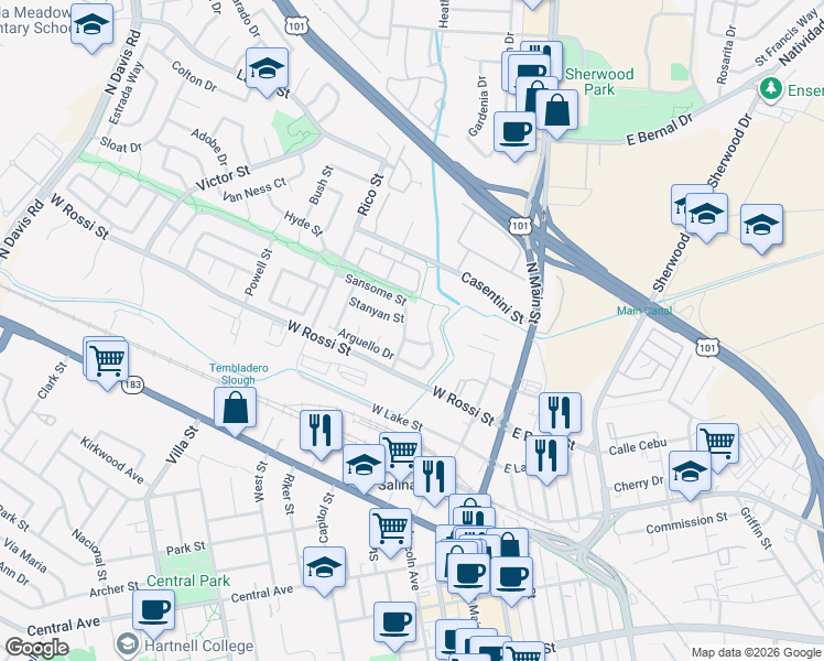 map of restaurants, bars, coffee shops, grocery stores, and more near 240 Sansome Street in Salinas