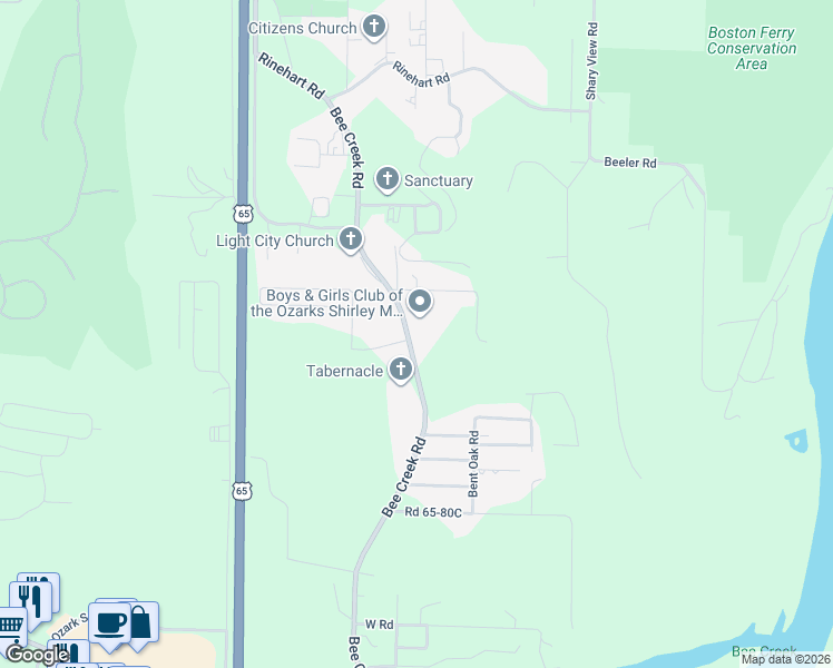 map of restaurants, bars, coffee shops, grocery stores, and more near 1420 Bee Creek Road in Branson