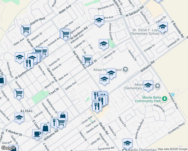map of restaurants, bars, coffee shops, grocery stores, and more near 1265 Del Monte Avenue in Salinas