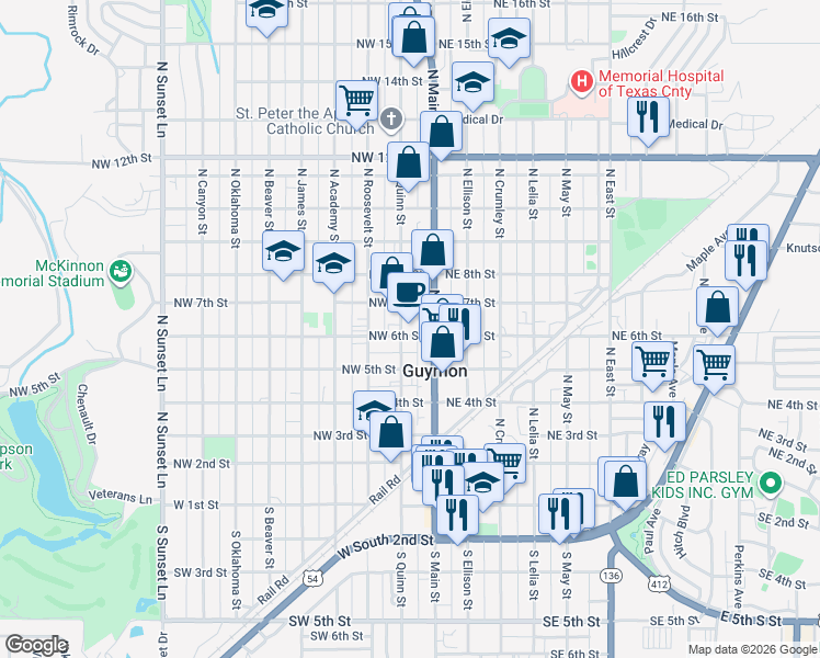 map of restaurants, bars, coffee shops, grocery stores, and more near 118 Northwest 6th Street in Guymon