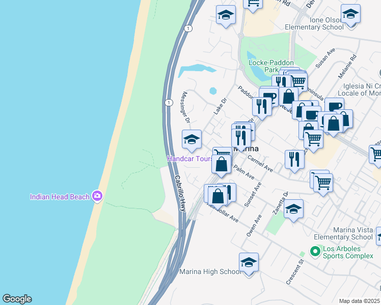 map of restaurants, bars, coffee shops, grocery stores, and more near 3066 Lake Drive in Marina