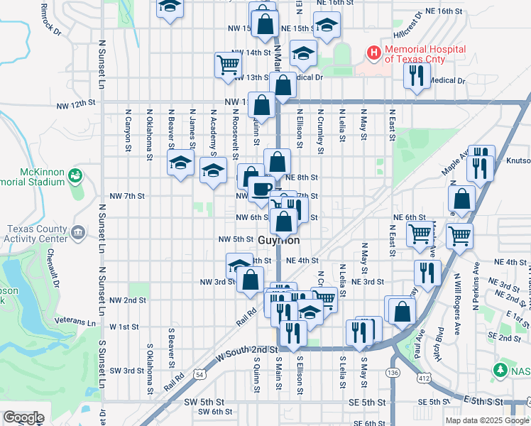 map of restaurants, bars, coffee shops, grocery stores, and more near 118 Northwest 6th Street in Guymon