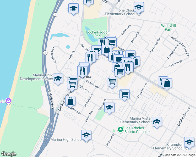 map of restaurants, bars, coffee shops, grocery stores, and more near 224 Mortimer Lane in Marina
