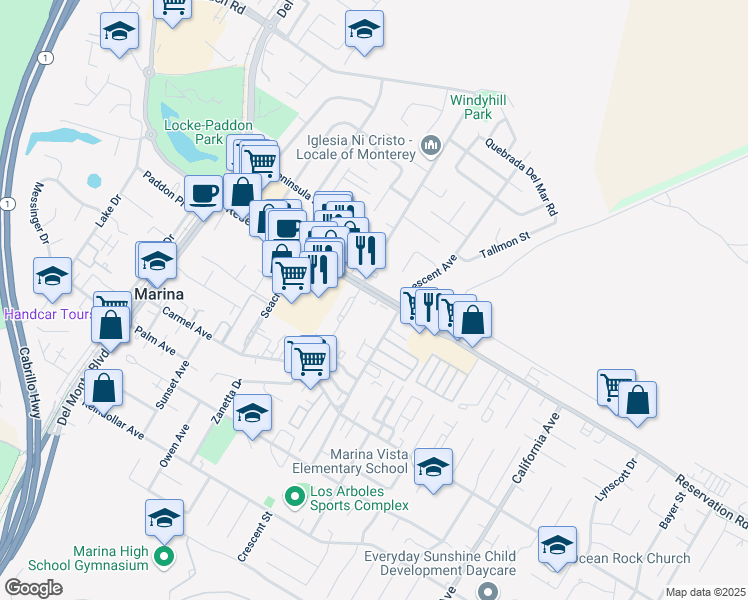 map of restaurants, bars, coffee shops, grocery stores, and more near 308 Reservation Road in Marina