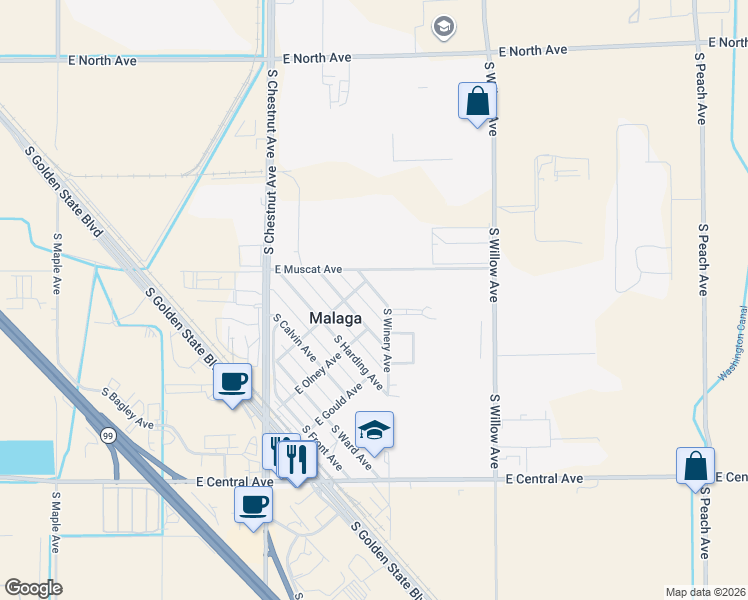 map of restaurants, bars, coffee shops, grocery stores, and more near 3573 South Victoria Avenue in Fresno