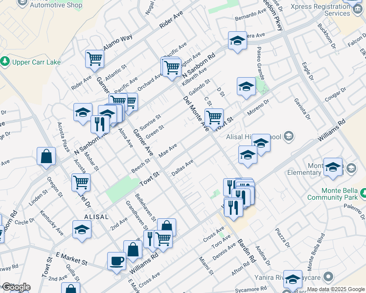 map of restaurants, bars, coffee shops, grocery stores, and more near 600 Towt Street in Salinas