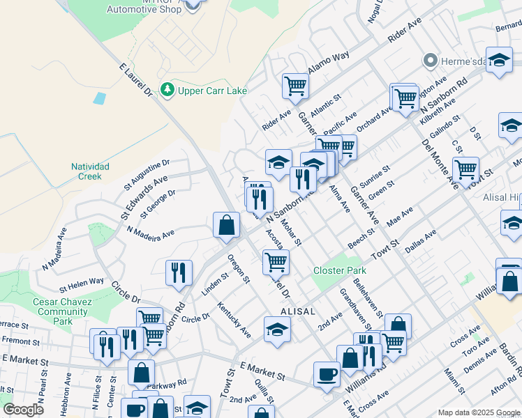 map of restaurants, bars, coffee shops, grocery stores, and more near 989 Acosta Plaza in Salinas
